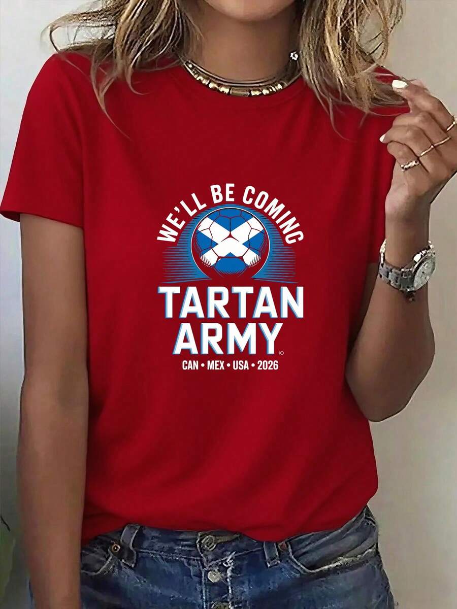 Camiseta de Cuello Redondo Estampada para Mujer, Serie de Ropa EE.UU.-México, Estilo de Apoyo a Fanáticos con Estampado Tartan Army, Creando un Ambiente y Estilo para Ver Partidos.Ropa para Entusiastas del Fútbol, Atuendo de Animación.Nueva Camiseta de Manga Corta Cómoda para Primavera/Verano - [Rojo] - Ver 1
