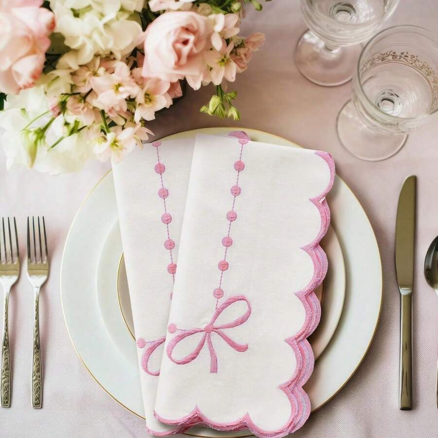 1/2/6pcs French Embroidered Bow Napkins, Pink Ruffled Fabric Placemats, Suitable For Parties, Weddings And Holidays - Multicolor - View 1