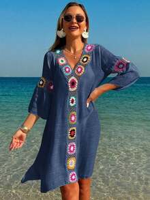 Swim Lushoire Vestido/Cubrecuerpo casual y holgado con estampado floral de ganchillo y cuello en V, manga 3/4, abertura lateral, color aleatorio, para mujer - Azul - Ver 5