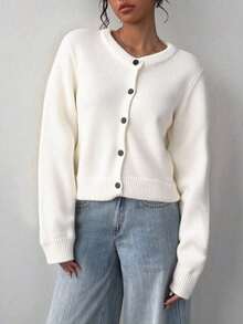 Cárdigan de mujer de manga larga, cuello redondo, suelto y corto, de unicolor, cómodo y acogedor, ideal para el uso diario, en color amarillo mantequilla para otoño/invierno - Blanco - Ver 6