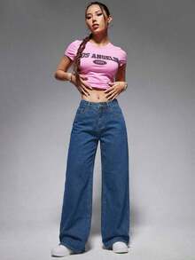 ICON Solid Color Wide Leg Pocket Jeans, Casual And Versatile - 深藍色 2 - 查看 8