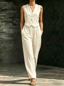 Women's Two-Piece Linen Outfit: Casual Sleeveless Button-Down Vest And Wide-Leg Trousers, Summer Vacation Casual Suit. - Màu be - Xem 2