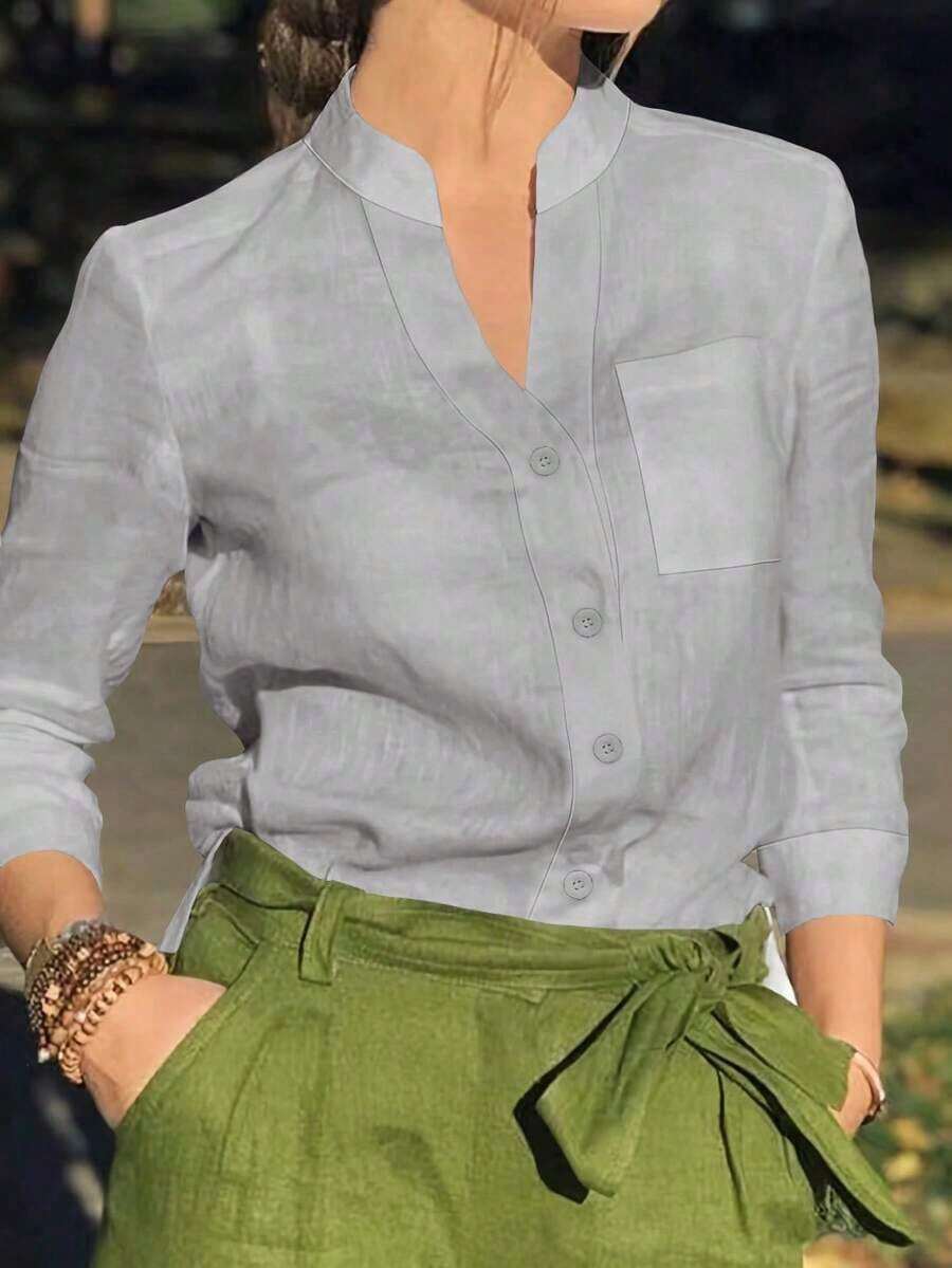 Camisa de mujer de unicolor con cuello en V y botones - Blusa casual y elegante de manga larga con detalle de bolsillo, adecuada para vacaciones, viajes y uso diario, artículo esencial para todas las temporadas de primavera - Gris - Ver 1