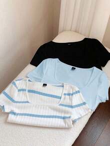 3 piezas de camisetas cortas básicas de cuello redondo y cortas para mujer en marrón café y blanco, ropa de otoño - Azul 2 - Ver 1