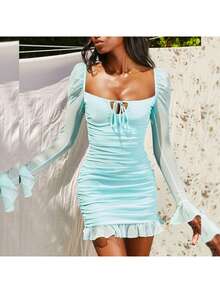 Vestido corto unicolor de primavera y verano, manga larga con volante de tul, corte ajustado con pliegues y cordón, estilo europeo - Azul - Ver 8