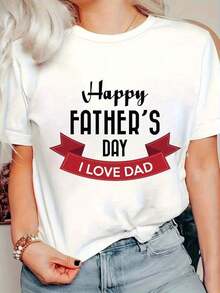 Camiseta de Mujer para el Día del Padre |   Camiseta casual de cuello redondo, manga corta, para primavera/verano, con letras emotivas, blanca con rojo y estampado, ligera, regalo perfecto para papá. - Blanco - Ver 1
