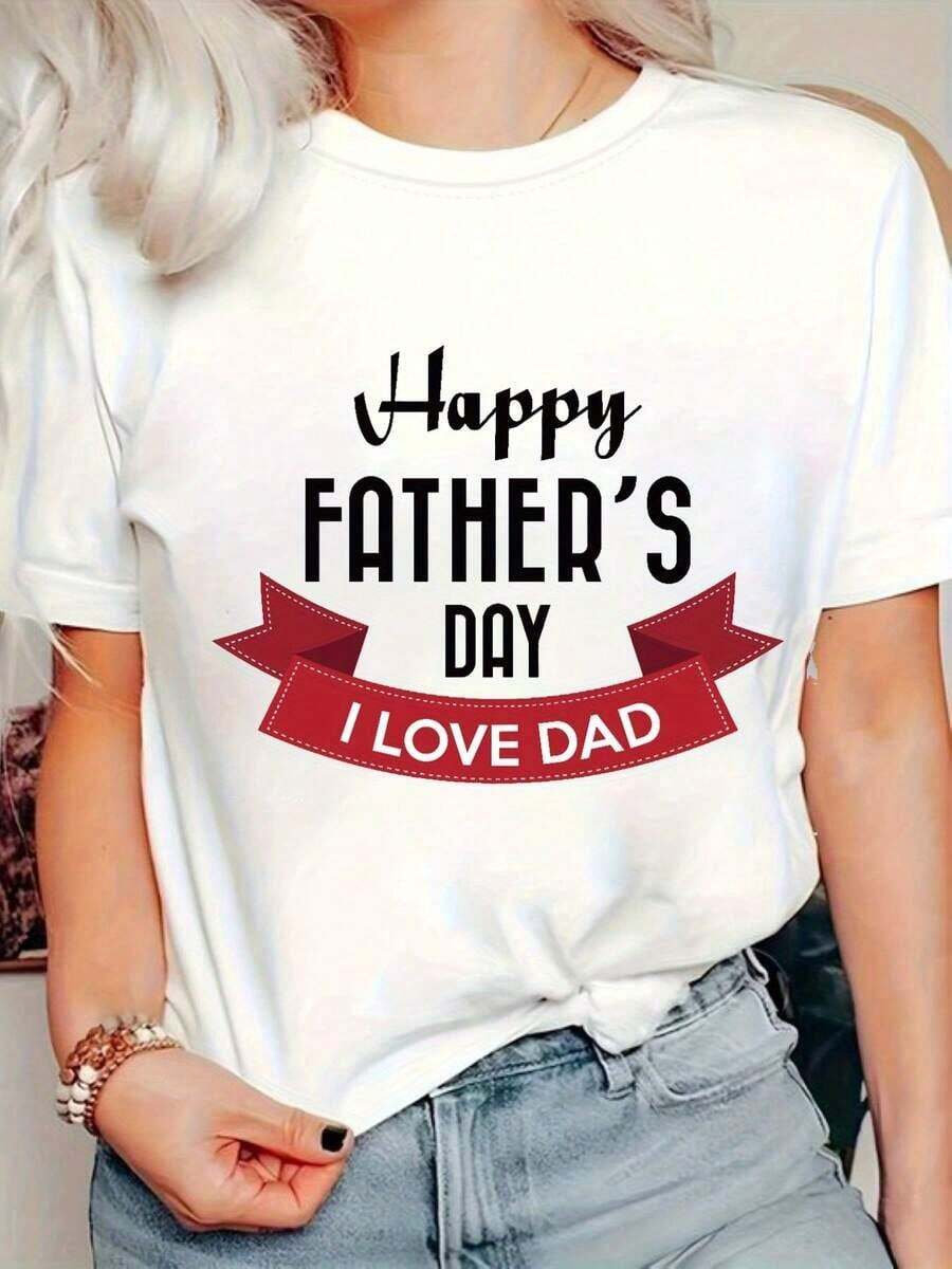 Camiseta de Mujer para el Día del Padre | Camiseta casual de cuello redondo, manga corta, para primavera/verano, con letras emotivas, blanca con rojo y estampado, ligera, regalo perfecto para papá. - Blanco - Ver 1