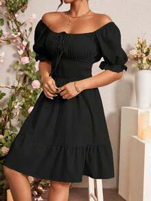Vestido de mujer de manga corta con cuello cuadrado de unicolor, de moda para el verano - Negro - Ver 3
