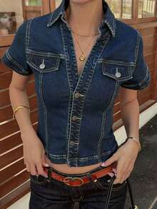 Camisa de mezclilla ajustada para mujer, cuello en V y manga corta, estilo retro y favorecedor - Azul - Ver 5