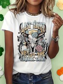 Women's Western Style T-Shirt With Cow Head Print, T-Shirt With The Phrase 'Last Night We Let Alcohol Do The Talking', Casual Round Neck, Short Sleeve, Country Style. - 白色 - 查看 7