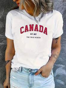 Summer TopviralwomensT-Shirts, Women's Casual Short-Sleeve T-Shirts With CANADA Lettering And Interesting Cartoon Prints, Made Of Blended With Some Elasticity,, Comfortable All-Season Round-Neck Design, Suitable For Daily Wear, Comfortable Clothing, Opaque Material, Loose Fit Summer Outfit For Women, 100% Cotton, A Must-Have For The Festival - White - View 1