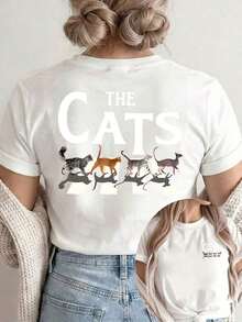 HERARIUM [Double-Sided Print] Women's T-Shirt, Casual Short-Sleeve Round Neck Top With Zebra Cross Design And The Word CATS Printed On Top, Washable, Suitable Casual Wear, Versatile Garment, Comfortable Material, For Fashion Enthusiasts - 白色 - 查看 7