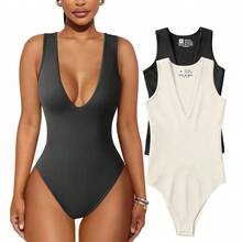 ZZL 2-Pack V-Neck Bodysuits | Ribbed Sleeveless Leotard Top | Sexy Fashion For Parties And Clubs - Black/beige - View 12