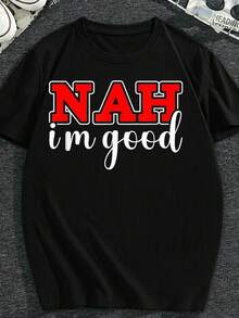 Men's Vintage "NAH I'm Good" T-Shirt With Red Letter Print - Loose Fit, Soft And Breathable Pure Cotton T-Shirt, Plus Size, Suitable For Tall People, For Casual Wear, At The Gym And Traveling, Machine Washable, Ideal For Casual Outfits, Plus Size Clothing. - 黑色 - 查看 1