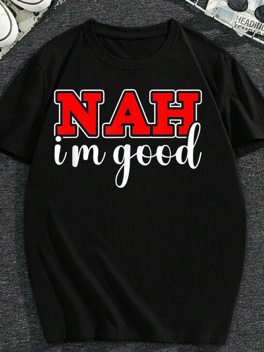 Men's Vintage "NAH I'm Good" T-Shirt With Red Letter Print - Loose Fit, Soft And Breathable Pure Cotton T-Shirt, Plus Size, Suitable For Tall People, For Casual Wear, At The Gym And Traveling, Machine Washable, Ideal For Casual Outfits, Plus Size Clothing. - 黑色 - 查看 1