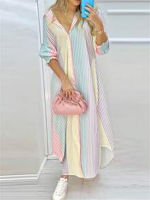 Women's Autumn Striped Long Sleeve Ruched Cuff Shirt Dress, Collared Casual Elegant Dress, Back To School Yellow - Yellow - View 1