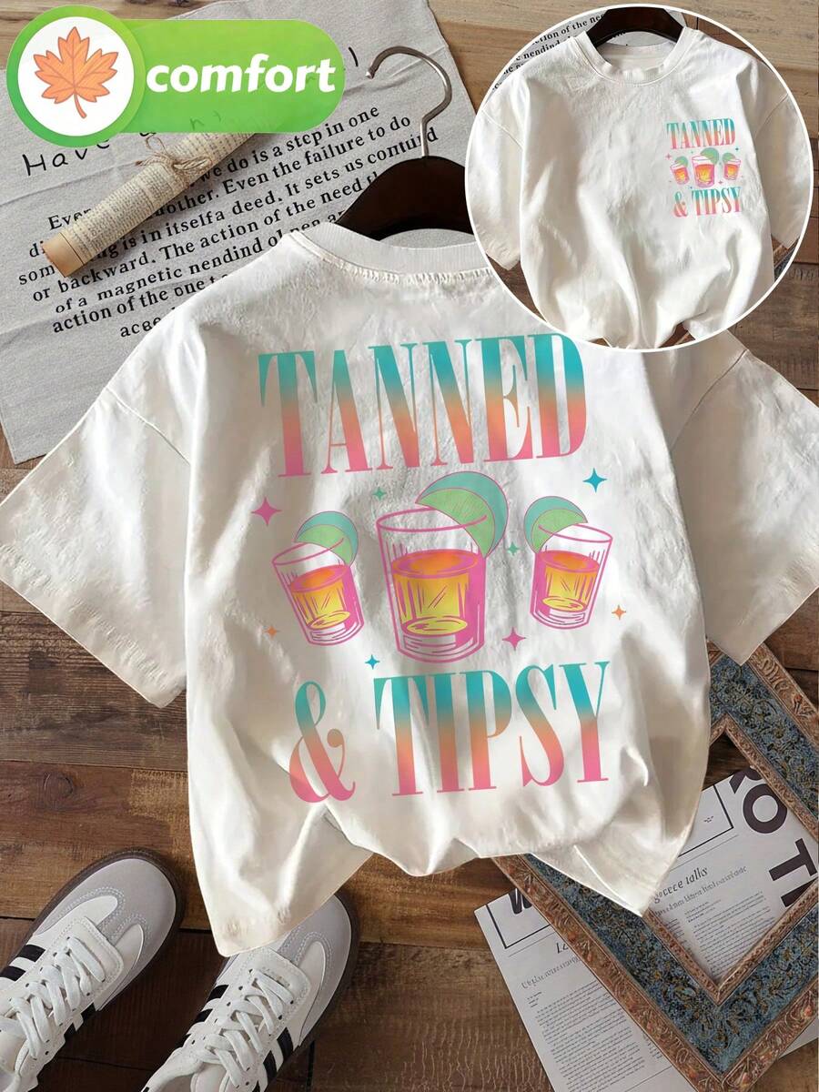 [Double-Sided Print] Women's Summer Clothing, Women's Short Sleeve, Vintage Style, Cup, Lime, TANNED& TIPSY Printed Round Neck Short Sleeve T-Shirt,Ca - 白色 - 查看 1