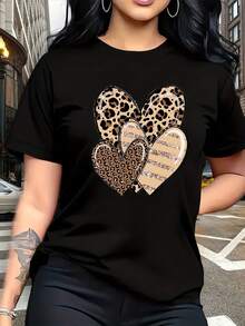 Camiseta informal de mujer de manga corta y cuello redondo con estampado de corazones de leopardo, de largo regular y tejido de punto. - Negro - Ver 2