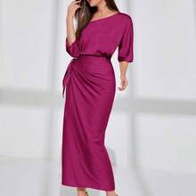 Asymmetrical Neck Batwing Sleeve Wrap Hem Satin Dress For Holiday Party Clothes Maxi Women Outfit Long Evening Dresses - Rojo violeta - Ver 5