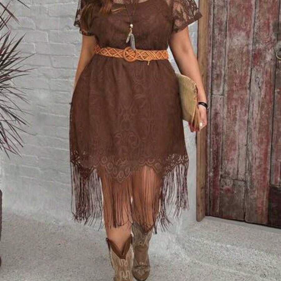 LUNE Plus Size Lace Fringe Hem Vacation Dress For Summer,Beach Dress Sundress,Holiday Outfits Boho - Café integral - Ver 1