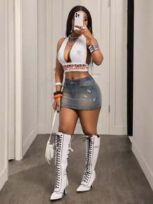 Women's Vintage Distressed Fashionable Belted Denim Mini Skirt - Lavado ligero - Ver 6