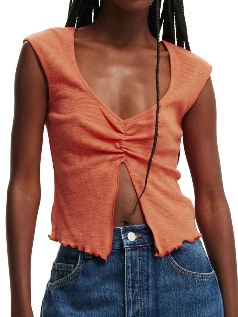 Women Tank Tops V Neck Sleeveless Ruched Slim Fit High Slit Hem Summer Cropped Vest Shirts - Merah jingga - View 1