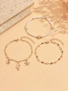 3pcs/Set Beach Vacation Style Seahorse, Starfish, Shell Pendant Anklet, Fashion Ocean Creature Pearl Beaded Heart Decor Gold Tone Jewelry For Women, Suitable For Daily Wear, Summer Holiday, Party, Music Festival, Random Pearl Bead Quantity - Multicolor - View 2