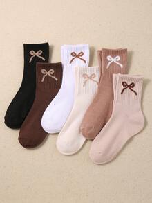 6 Pairs Girls' Bow Decor Casual Socks, Suitable For Indoor, Party, Matching, Shopping, Beach, Vacation And Other Occasions, Retro Color Tone - Multicolor - View 12