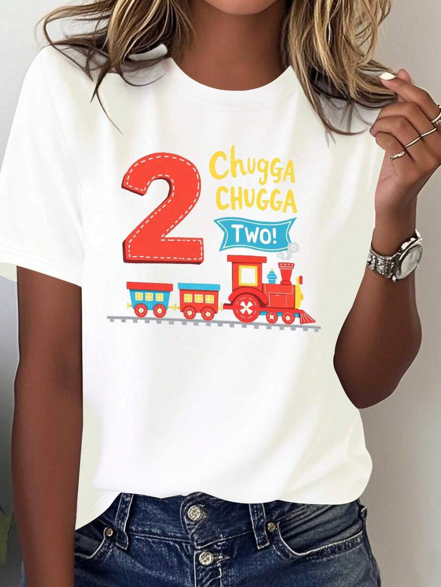 Camiseta de Mujer Cga Cga con Diseño de Dos Trenes - 100% Aodón Puro, Manga Corta Casual con Motivo de Tren onido Cga Cga (para Jugar) - Ropa Casual Lavable a Máquinara Todas las Estaciones