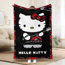 SANRIO 1pc Comfortable Punk Style Hello Kitty Pink Plaid Flannel Blanket, Soft Polyester Knitted Design, Versatile Use, Machine Washable, Ideal Gift For Home, Travel, Outdoor, All Seasons - Cozy Throw Blanket For Sofa, Bed, Office, Car - Multicolor - View 1