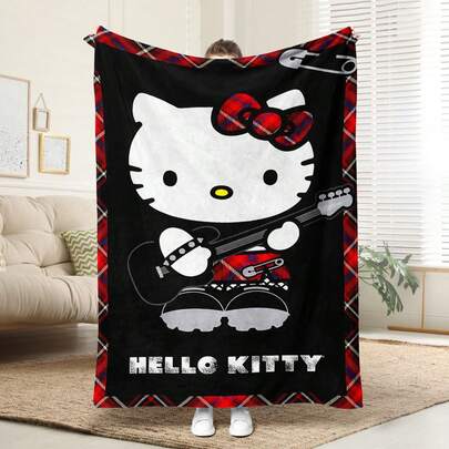 SANRIO 1 pieza Manta de franela a cuadros rosa de estilo punk Hello Kitty cómoda, diseño de punto suave de poliéster, uso versátil, lavable a máquina, regalo ideal para el hogar, viajes, exteriores, todas las estaciones - Manta acogedora para sofá, cama, oficina, coche