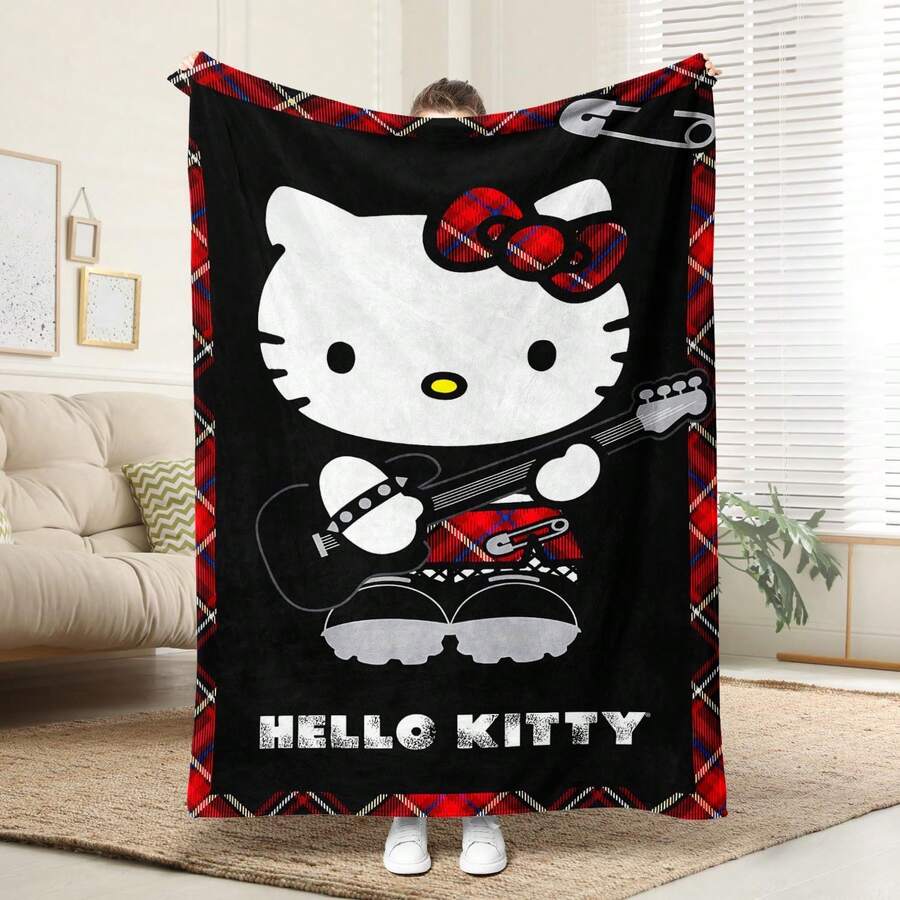 SANRIO 1pc Comfortable Punk Style Hello Kitty Pink Plaid Flannel Blanket, Soft Polyester Knitted Design, Versatile Use, Machine Washable, Ideal Gift For Home, Travel, Outdoor, All Seasons - Cozy Throw Blanket For Sofa, Bed, Office, Car - Multicolor - View 1