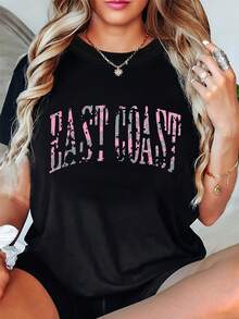 Plus Size, Women's Plus Size T-Shirt With EAST COAST Letter Print, Short Sleeve, Round Neck, Casual Top For Summer And Spring, Women's Clothing - 黑色 - 查看 1