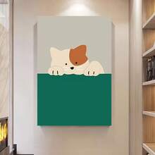 Enmarcado 1 pieza de pintura moderna decorativa sobre lienzo con marco - Encantador gato blanco asomándose tras un fondo verde, colores s, ideal para la decoración de paredes de la sala de estar, dormitorio, oficina en casa, listo para colgar, lienzo para pared - Enmarcado - Ver 2