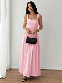 Vestido evasé de unicolor marrón café con cuello cuadrado elegante para mujer, primavera/verano - Rosa - Ver 6