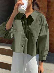 Camisa de manga larga holgada con botones delanteros y bolsillo en unicolor para mujer - Verde Oscuro - Ver 4