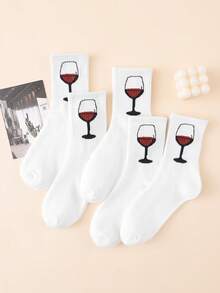 5/10 Pairs Women Socks, Minimalist Black White Wine Glass Graphic Casual Mid-Calf Socks, Versatile Solid Color, Spring/Summer - Multicolor - View 6