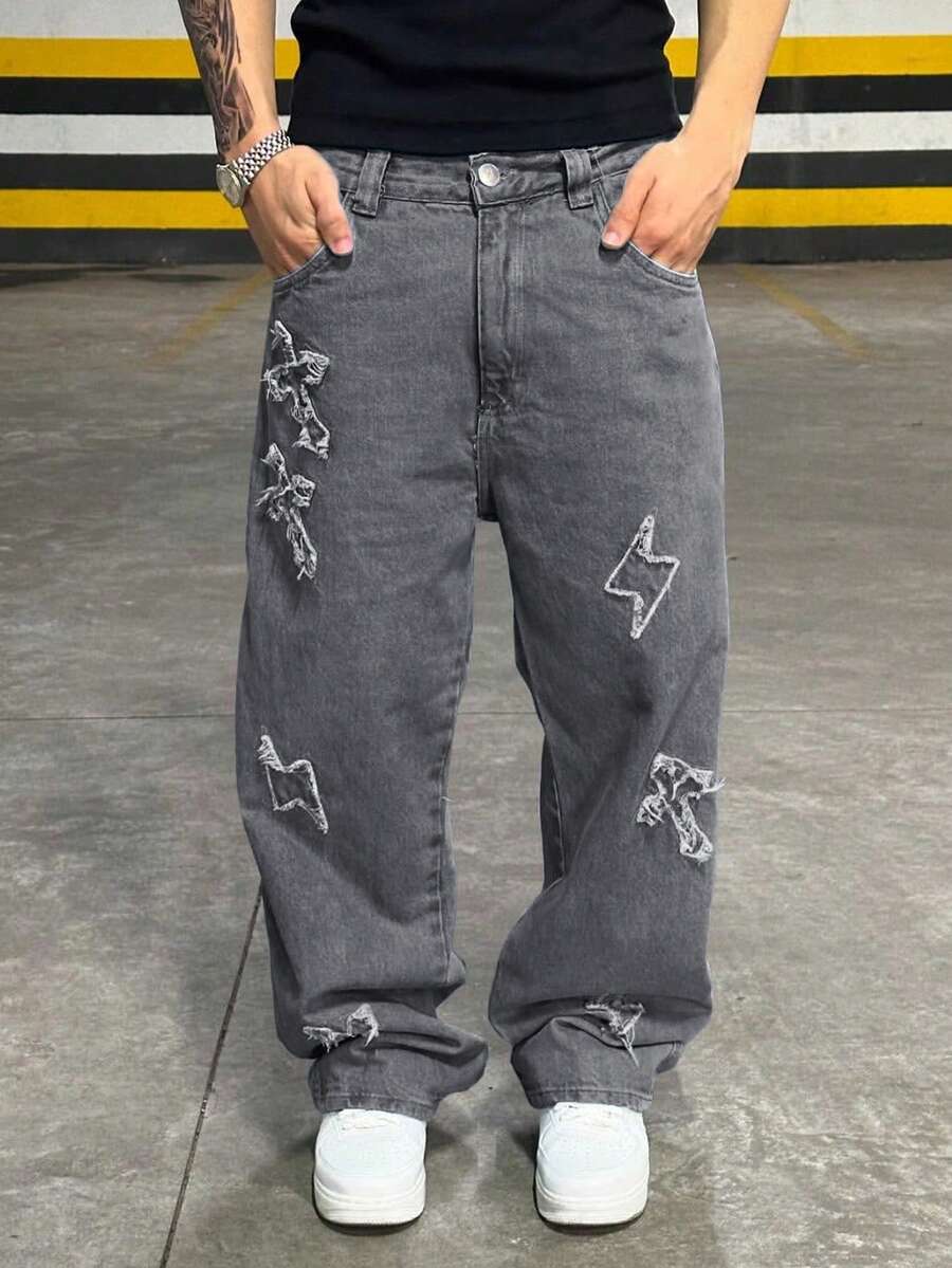 Grunge Goth Y2K 男士时尚休闲街头宽松个性化年轻运动学院直筒街头十字刺绣纯色四季牛仔裤
