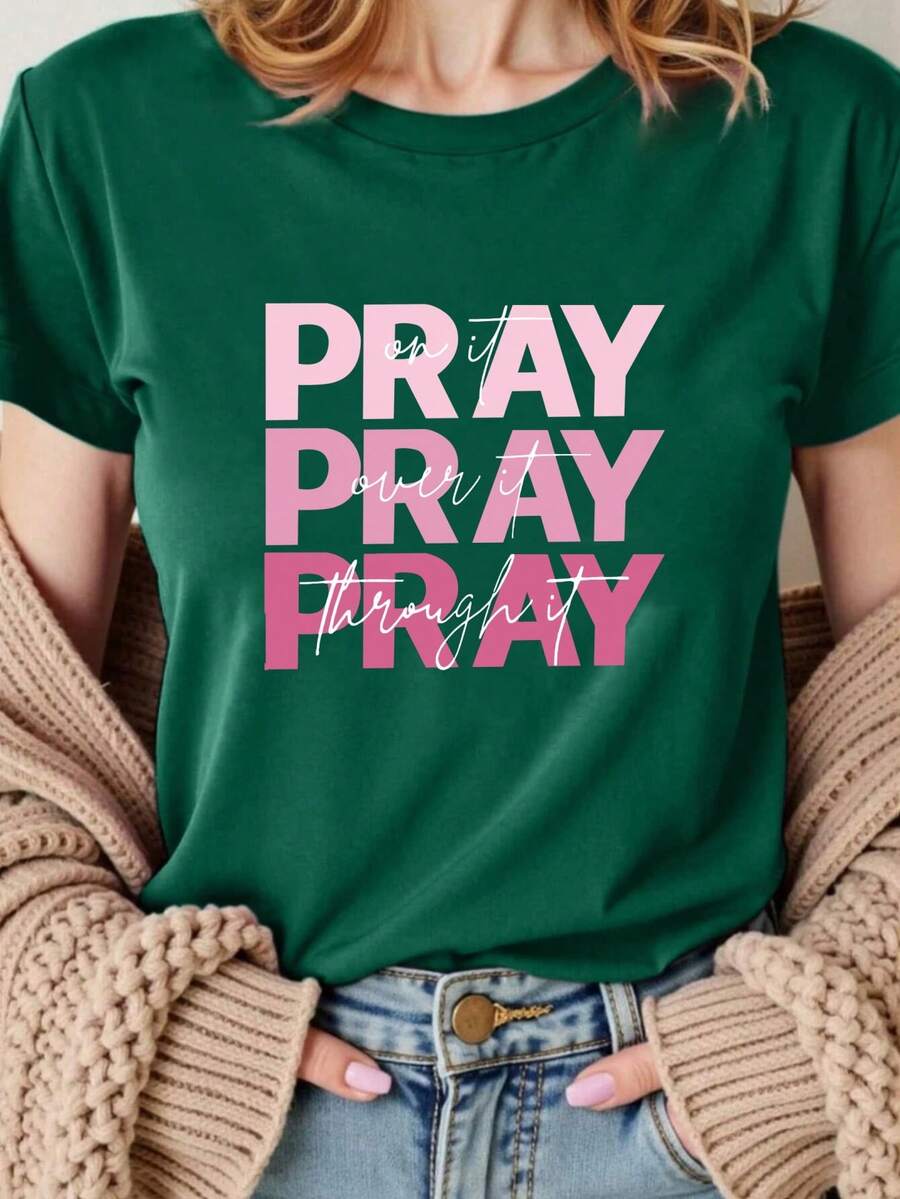 Camiseta Casual de Manga Corta para Mujer con Estampado de la Palabra "pray", Cuello Redondo, Talla Estándar, Ropa de Mujer, 100% Algodón. - Verde - Ver 1