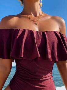 Swim Vcay Traje de baño de una pieza de estilo bohemio para mujer con volantes elegantes y cordones en los laterales, ideal para la primavera y los resorts de verano - Burdeos - Ver 4