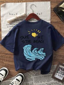 1pc Tween Boy Printed Short Sleeve T-Shirt, Student Youth Clothing, Summer Gift For Kids - Dusty Blue - View 2