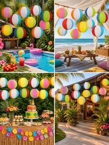 15pcs Pool Party Decorations, Beach Ball Paper Lanterns, Hawaiian Theme Hanging Decor For Home, Birthday, Outdoor & Indoor - Multicolor - View 6