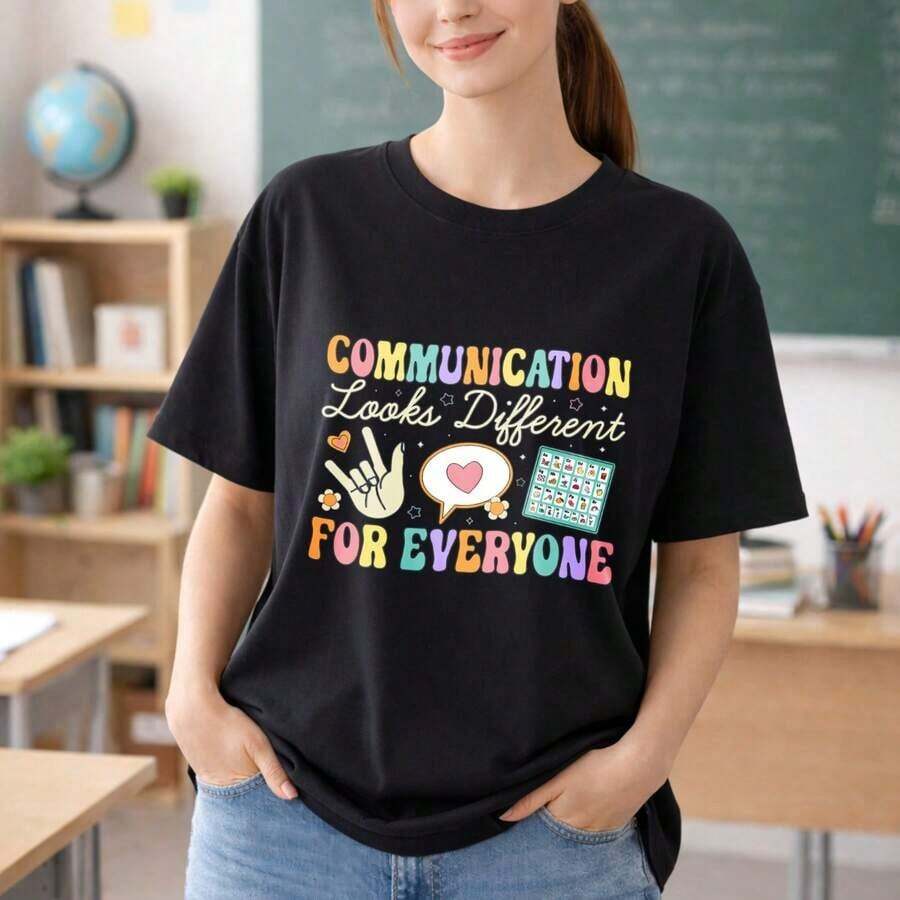 Camiseta Divertida de Terapia del Habla para Mujer, Regalo para Terapeuta del Habla, Camiseta de Manga Corta de Algodón Casual, Top de Agradecimiento para SLP - Negro - Ver 1
