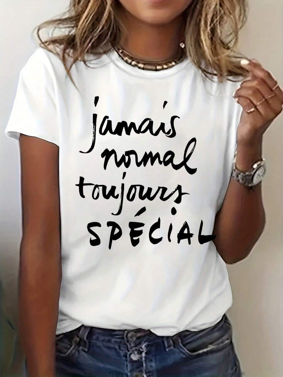 Short Sleeve T-Shirt With Round Neck And Letter Print Fance "Never Normal Always Special", Casual Top For Summer And Spring, Women's Clothing - 白色 - 查看 1
