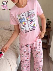 SANRIO 2件套可爱小猫图案睡衣套装，柔软舒适面料，成人女士家居睡衣 - 粉色 - 查看 3