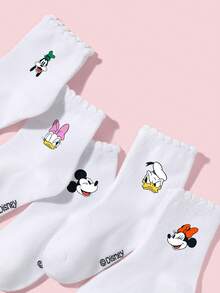 Disney 1/5双迪士尼袜子，春夏校园风蕾丝袜，可爱卡通米奇/鸭子/小狗图案，休闲百搭柔软中筒袜，简约时尚透气吸湿运动袜，适合休闲活动、假期、旅行、日常生活、返校季穿着 - 彩色 - 查看 5
