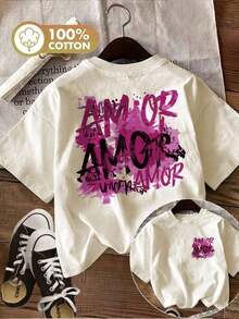 Spring/Summer Fashion [Double-Sided Print] Women's Pure Cotton T-Shirt, Graffiti Style, Ink Splatter Letters, Pink Love Splatter, Valentine's Day Gift, Plus Sizes Available, Cute Top, Retro Y2K Style, Loose Fit. Soft And Gentle On The Skin. - 杏色 - 查看 6