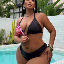 Swim  Plus Size Women Floral Print Halterneck Lace-Up Sexy Bikini Set With Kimono Cover-Up And Skirt Set, Summer Beach Mesh 3 Piece Swimsuit Floral 3 Piece Swimsuit - Multicolor - Ver 5