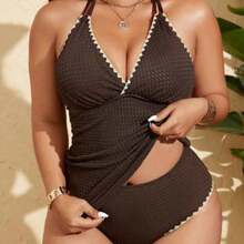 Swim Lushore Plus Size Women's Black V-Neck Adjustable Strap V-Neck Tankini Swimsuit, Fashionable Beach Resort Swimming Attire For Summer - Café integral - Ver 1