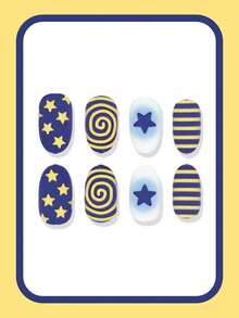 24pcs Cute Star Spiral Striped Galaxy Short Matte Oval Press-On Fake Nails - Blue - View 2